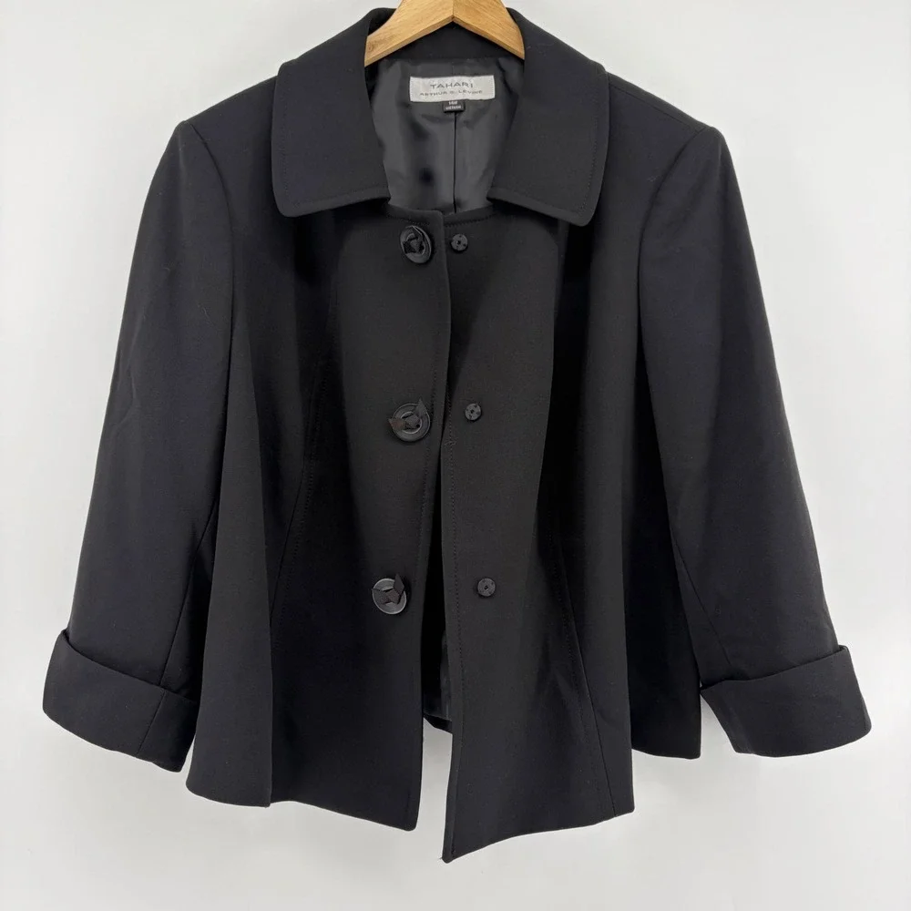 Tahari Arthur S Levine Black‎ Button Front Swing Jacket 14W 3/4 Sleeve Lined